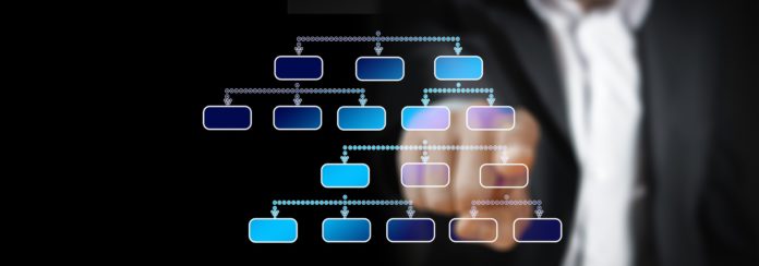 Man pointing to a hierarchical data model to illustrate data modeling.