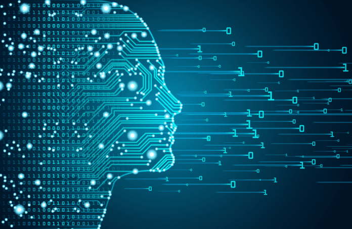 Machine learning and cyber mind domination concept in form of women face outline outline with circuit board and binary data flow on blue background.