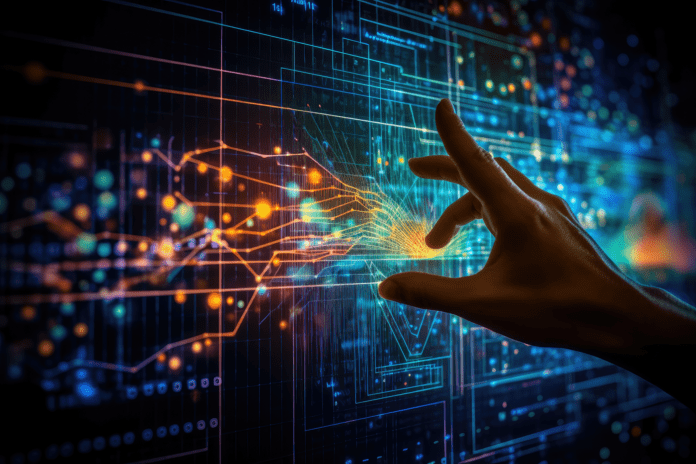 AI-generated image of a hand trying to clump data from a virtual chart.