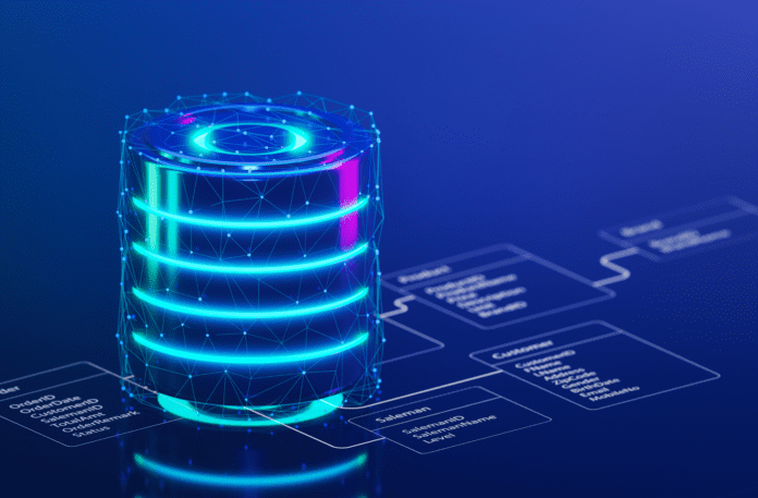 A 3D render of a database is placed on relational database tables.