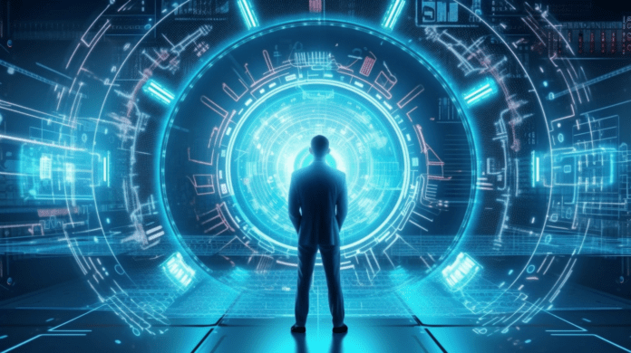 AI generated image of a businessman standing infront of a digital portal.