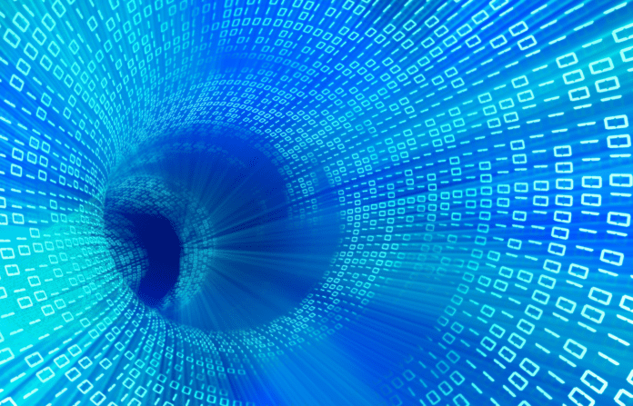 Inside view of a cylindrical pathway made of binary values.