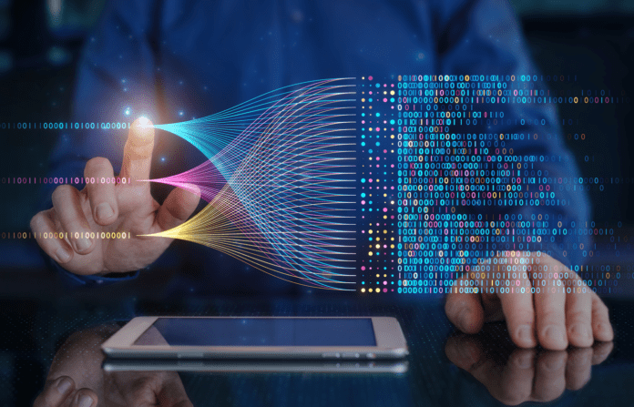 Data scientist querying, analysing and visualizing complex data set on virtual screen.