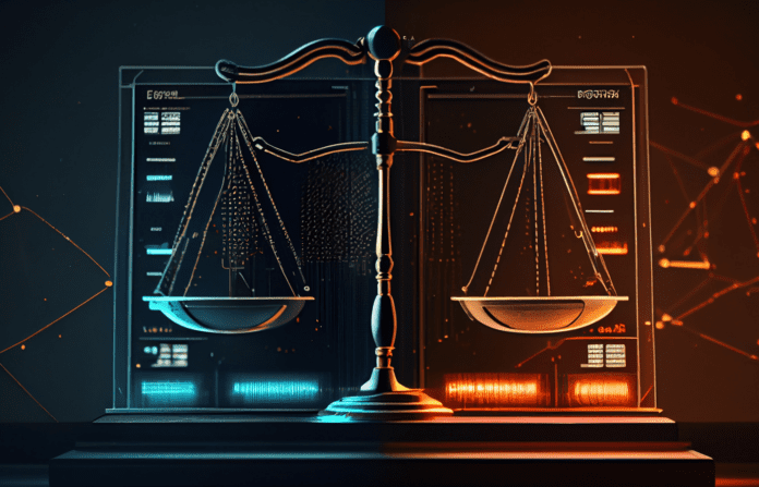 Law scales on background of data center.